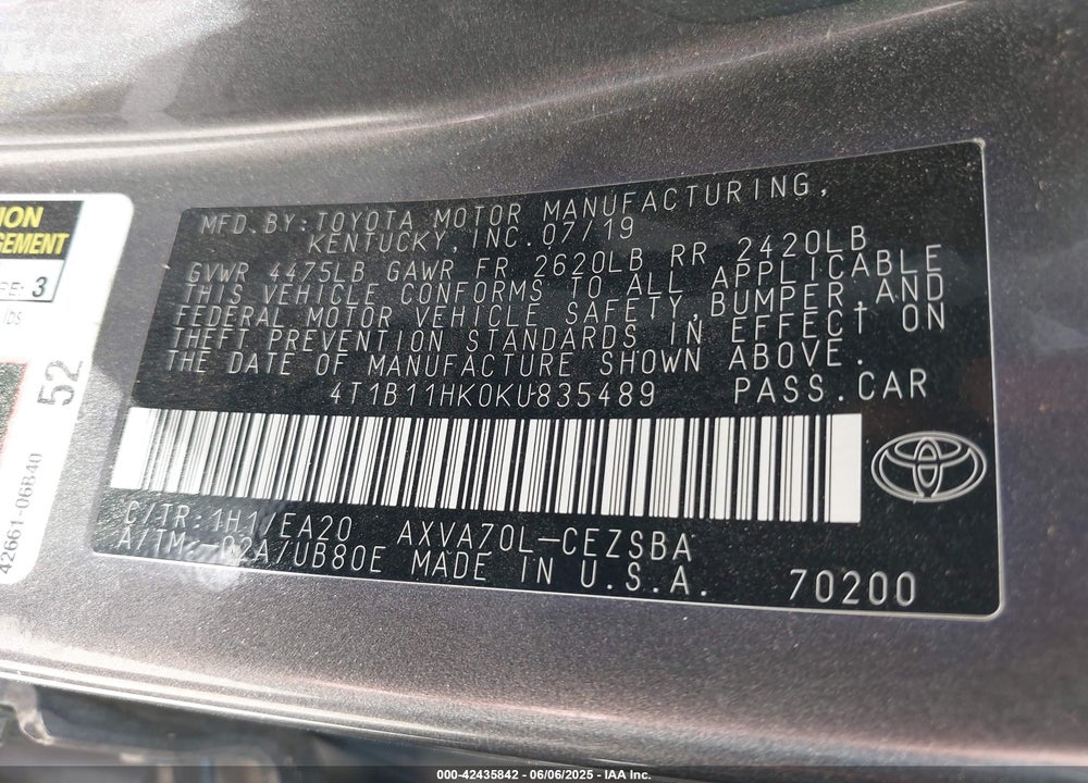 2019 TOYOTA CAMRY VIN: 4T1B11HK0KU835489