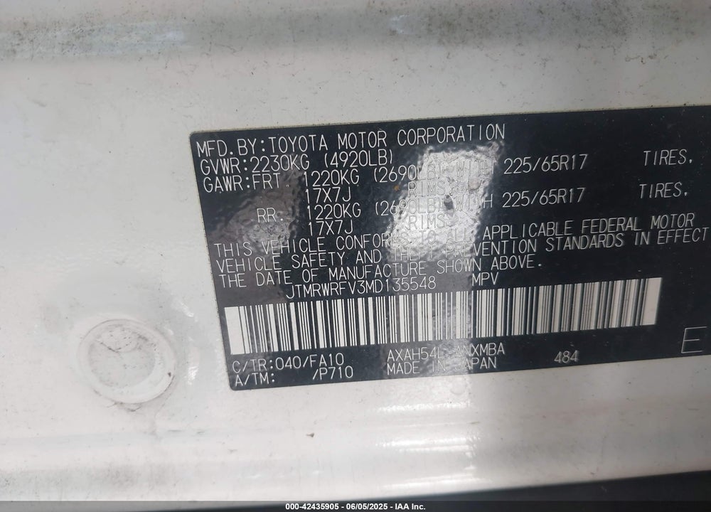 2021 TOYOTA RAV4 HYBRID VIN: JTMRWRFV3MD135548