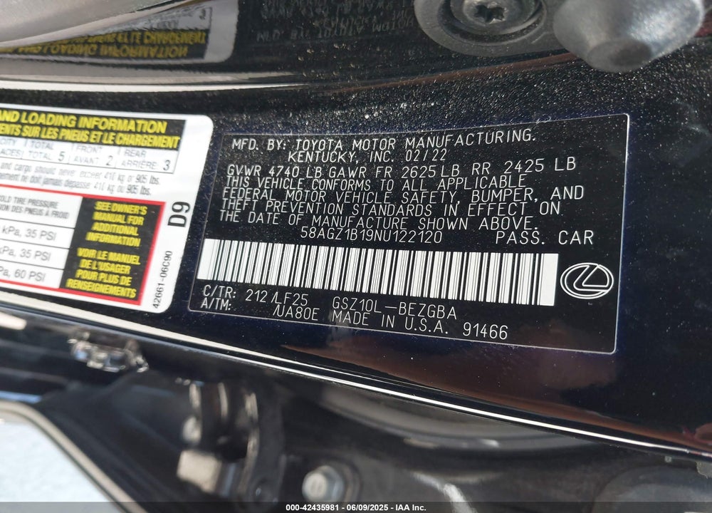 2022 LEXUS ES 350 F-SPORT VIN: 58AGZ1B19NU122120