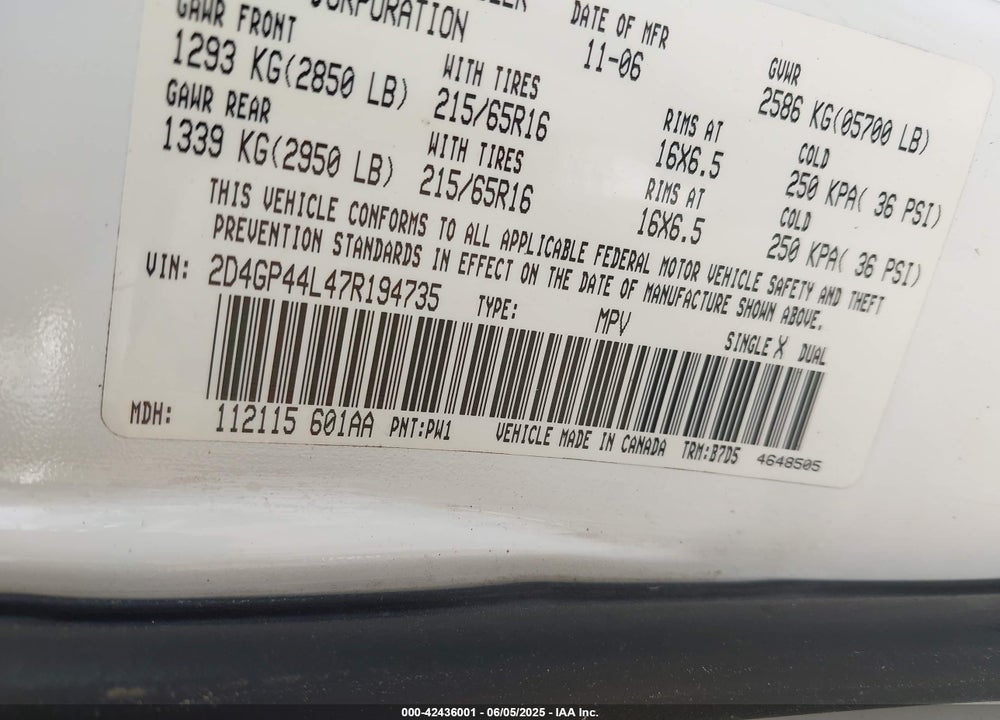 2007 DODGE GRAND CARAVAN SXT VIN: 2D4GP44L47R194735
