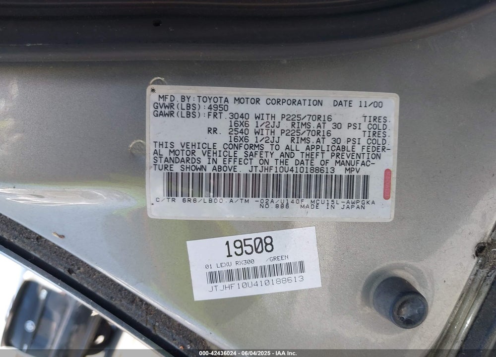 2001 LEXUS RX 300 VIN: JTJHF10U410188613