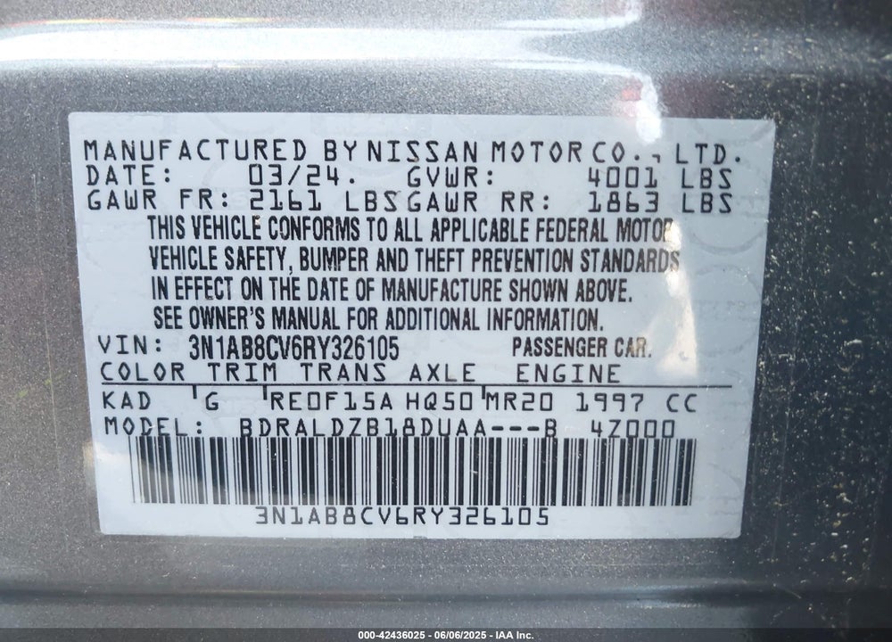 2024 NISSAN SENTRA VIN: 3N1AB8CV6RY326105
