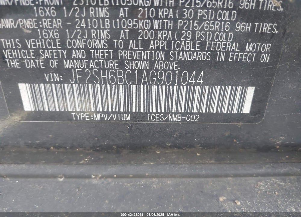 2010 SUBARU FORESTER VIN: JF2SH6BC1AG901044