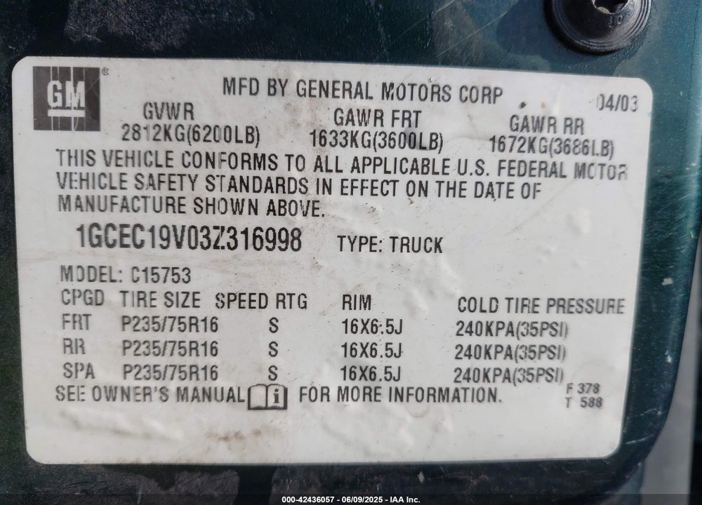 2003 CHEVROLET SILVERADO 1500 VIN: 1GCEC19V03Z316998