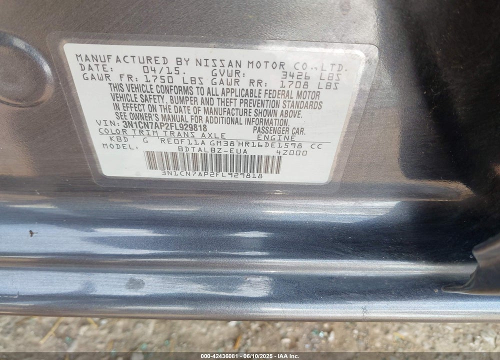 2015 NISSAN VERSA VIN: 3N1CN7AP2FL929818