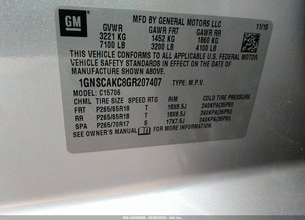 2016 CHEVROLET TAHOE VIN: 1GNSCAKC8GR207407