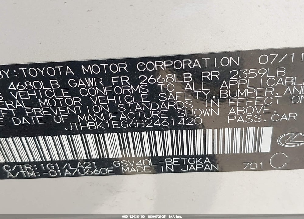 2011 LEXUS ES 350 VIN: JTHBK1EG6B2461420