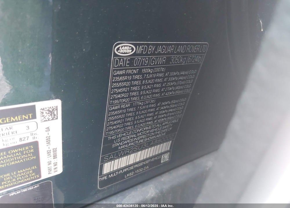 2020 LAND ROVER RANGE ROVER SPORT VIN: SALWR2SU3LA880002