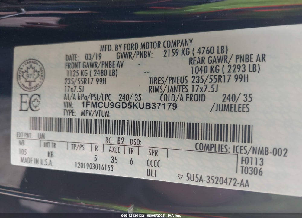 2019 FORD ESCAPE VIN: 1FMCU9GD5KUB37179