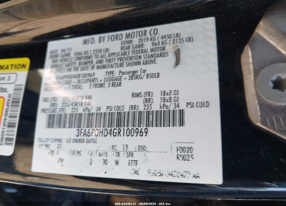 2016 FORD FUSION VIN: 3FA6P0HD4GR100969