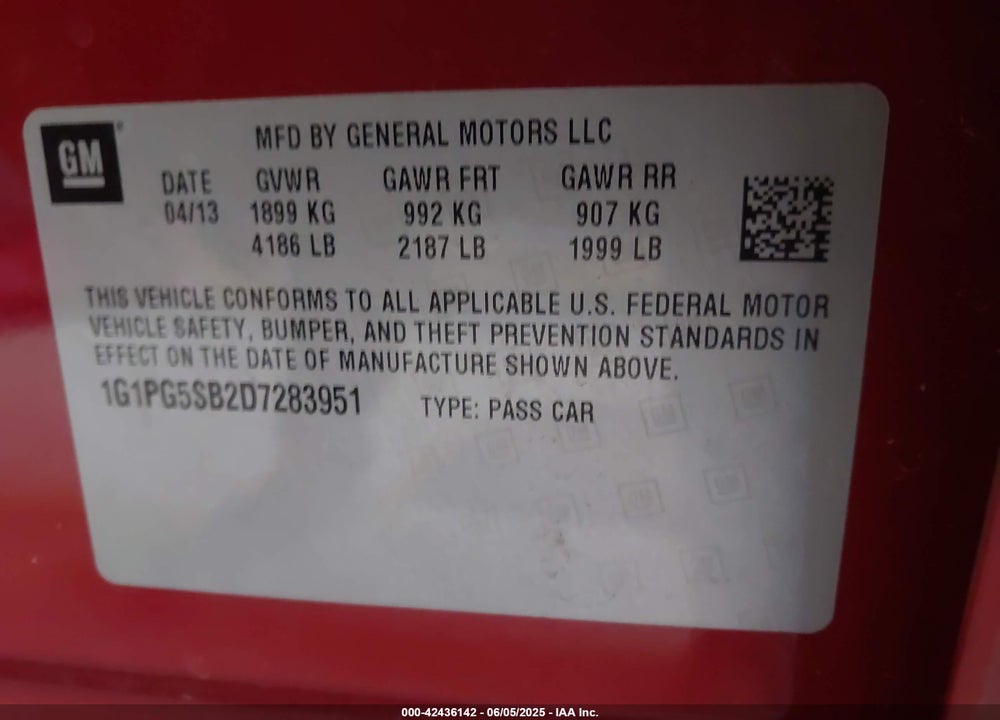 2013 CHEVROLET CRUZE VIN: 1G1PG5SB2D7283951