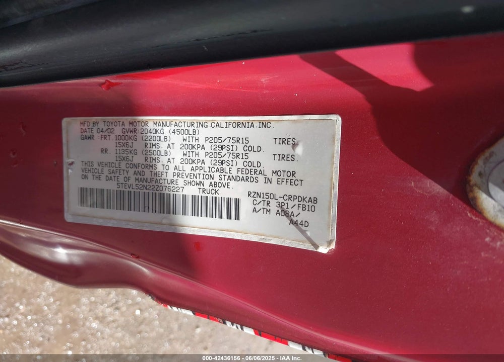 2002 TOYOTA TACOMA VIN: 5TEVL52N22Z076227