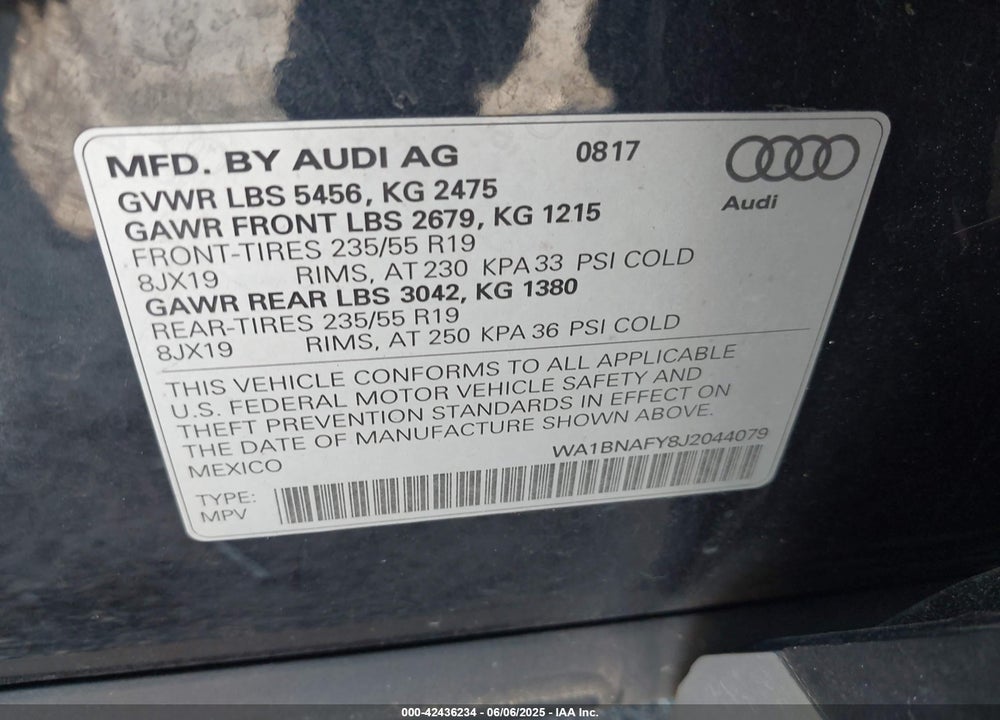 2018 AUDI Q5 2.0T PREMIUM/2.0T TECH PREMIUM VIN: WA1BNAFY8J2044079