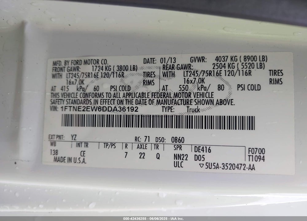 2013 FORD E-250 COMMERCIAL VIN: 1FTNE2EW6DDA36192