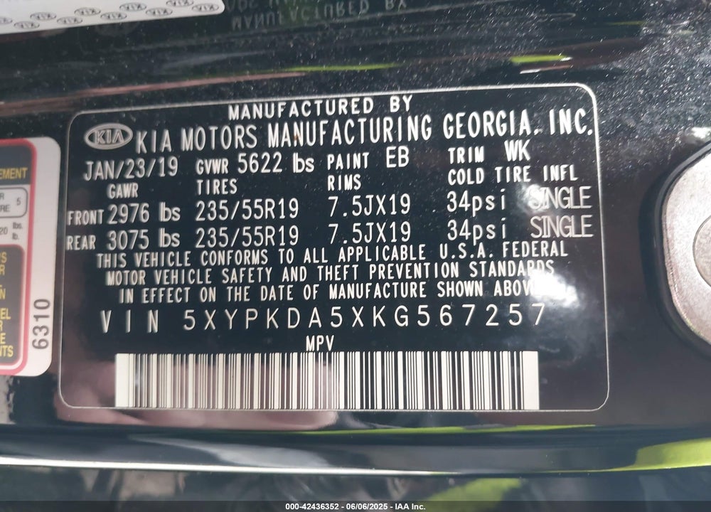 2019 KIA SORENTO VIN: 5XYPKDA5XKG567257