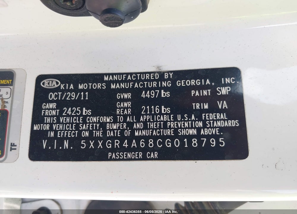 2012 KIA OPTIMA VIN: 5XXGR4A68CG018795