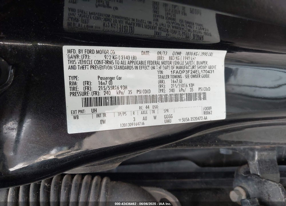 2014 FORD FOCUS VIN: 1FADP3F24EL170431