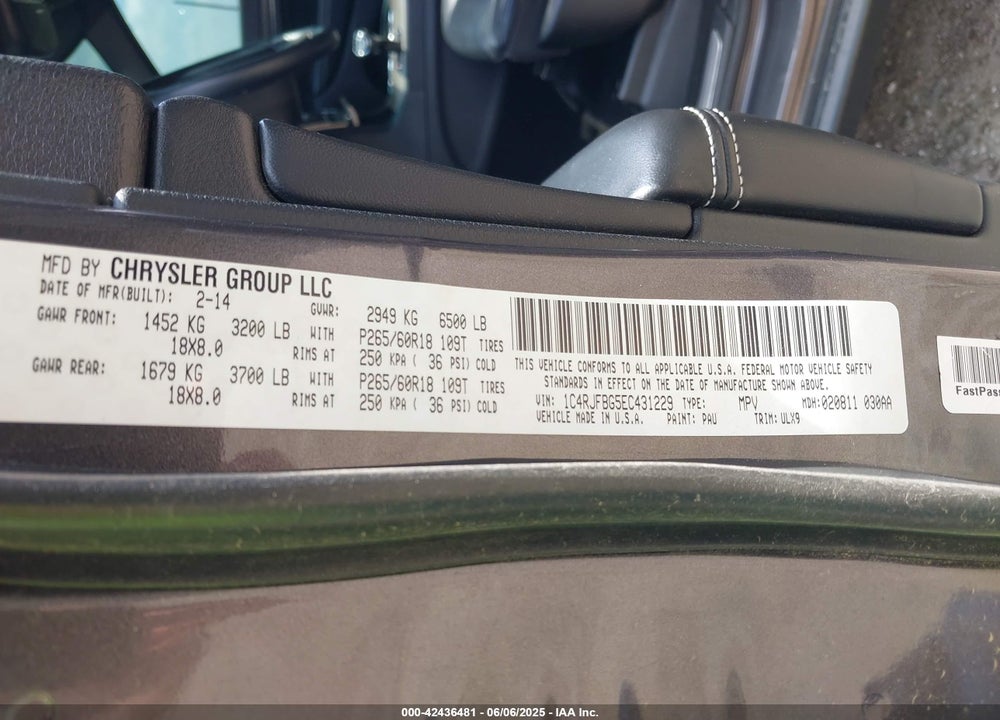 2014 JEEP GRAND CHEROKEE VIN: 1C4RJFBG5EC431229