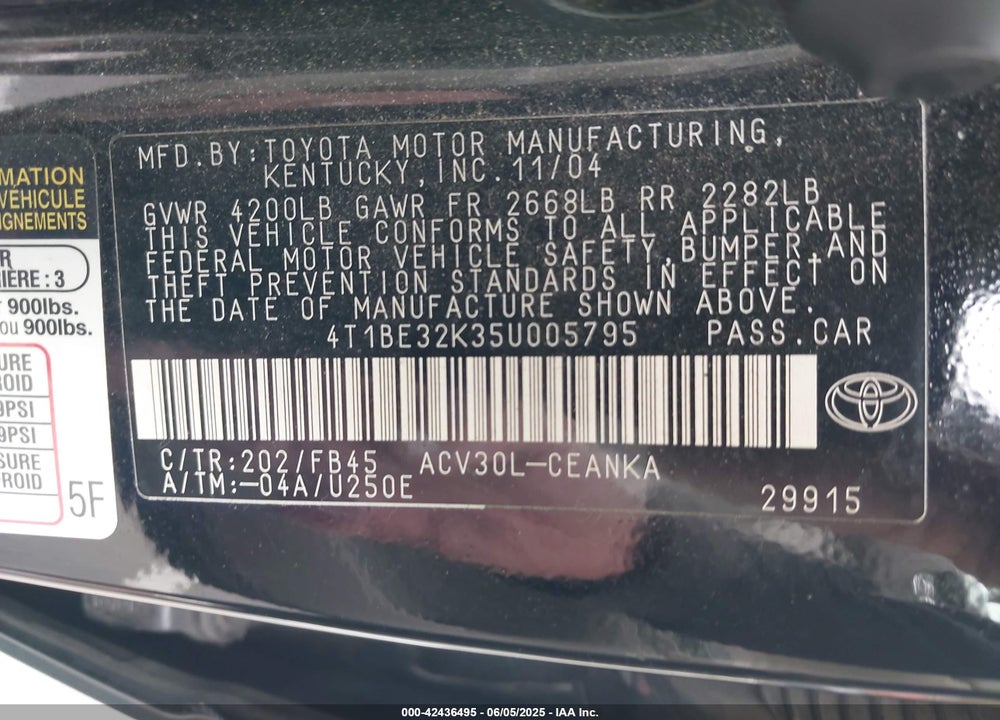 2005 TOYOTA CAMRY LE VIN: 4T1BE32K35U005795