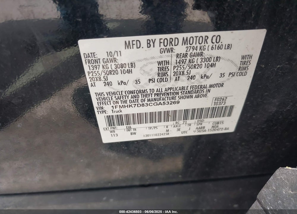 2012 FORD EXPLORER XLT VIN: 1FMHK7D83CGA53269