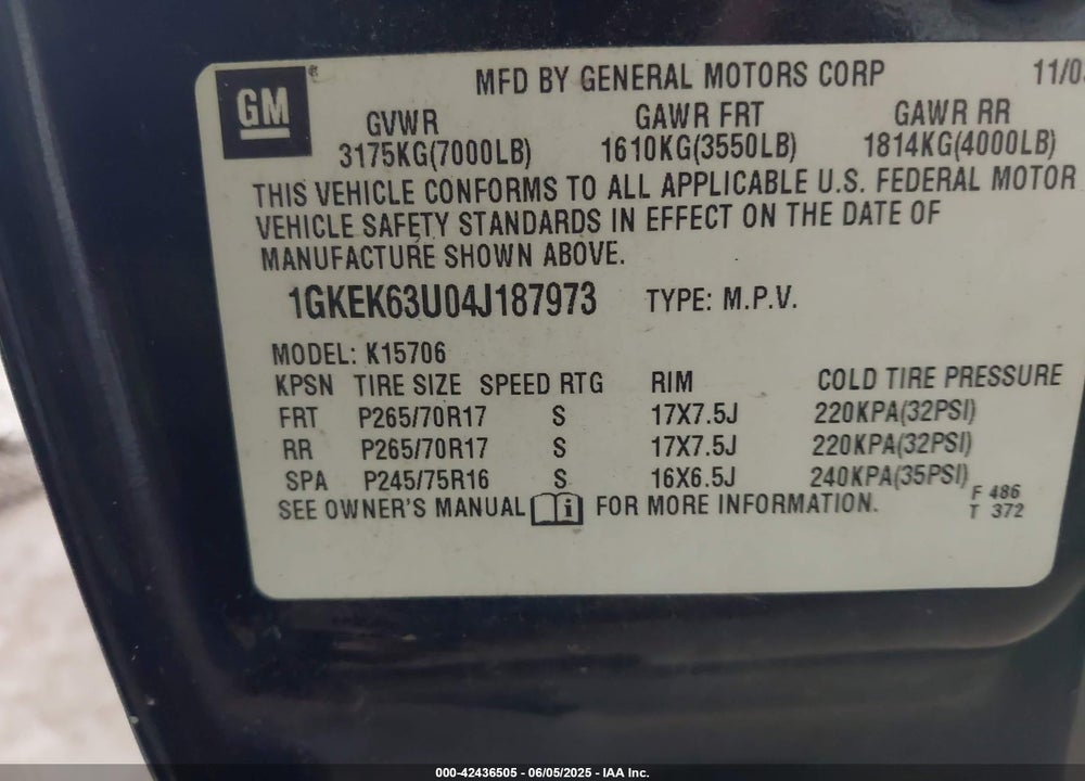 2004 GMC YUKON DENALI VIN: 1GKEK63U04J187973