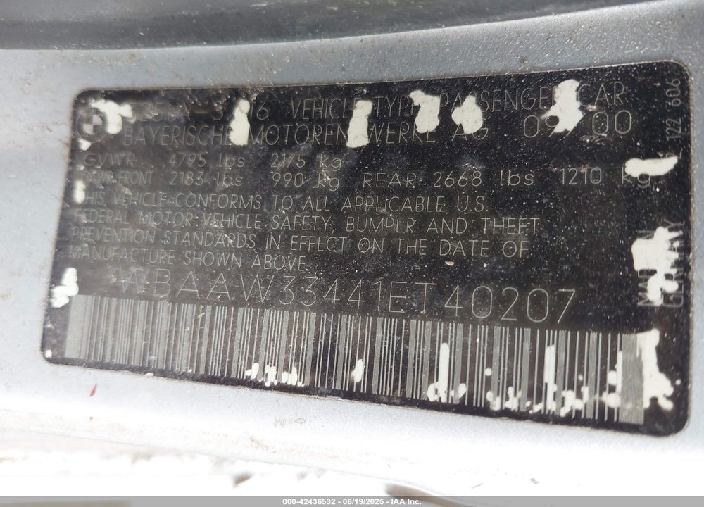 2001 BMW 325I VIN: WBAAW33441ET40207