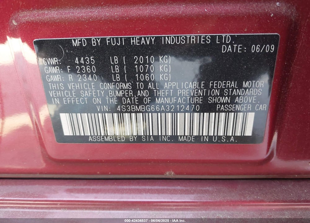 2010 SUBARU LEGACY 2.5I PREMIUM VIN: 4S3BMBG66A3212470