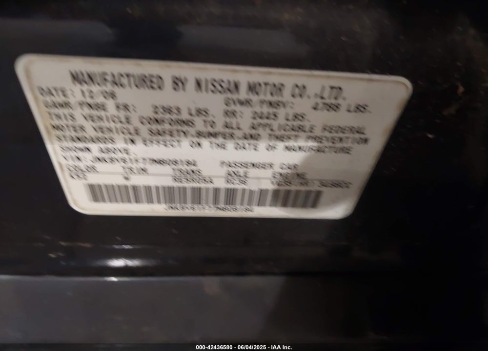 2007 INFINITI G35X VIN: JNKBV61F77M808184
