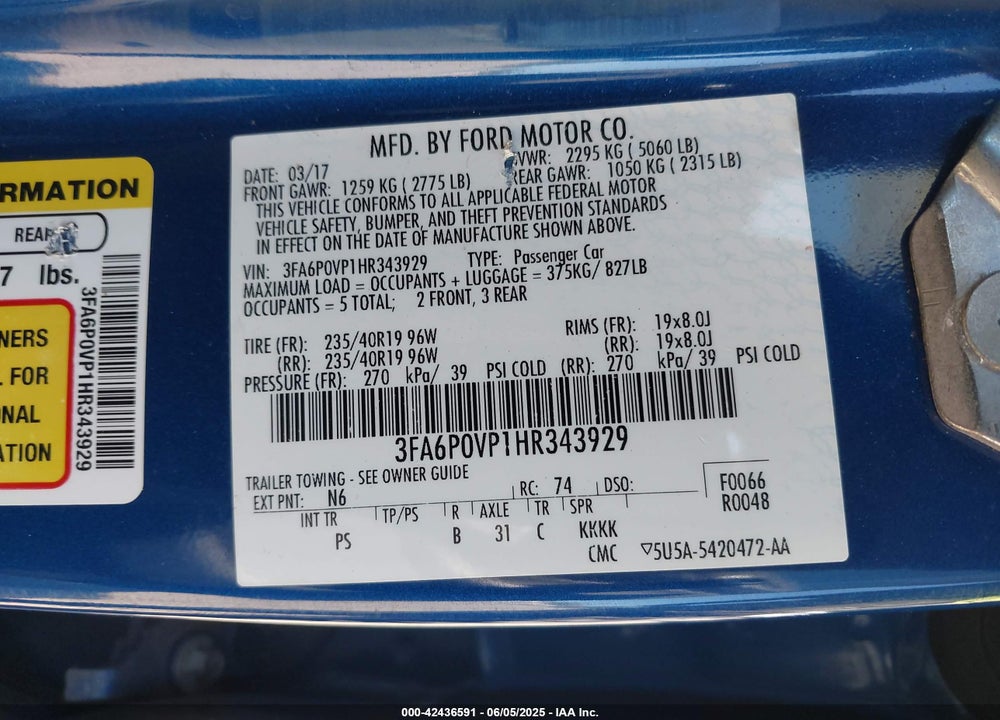 2017 FORD FUSION VIN: 3FA6P0VP1HR343929