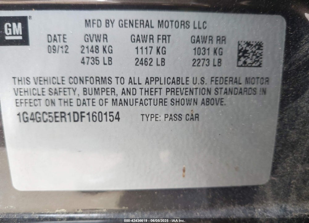 2013 BUICK LACROSSE VIN: 1G4GC5ER1DF160154