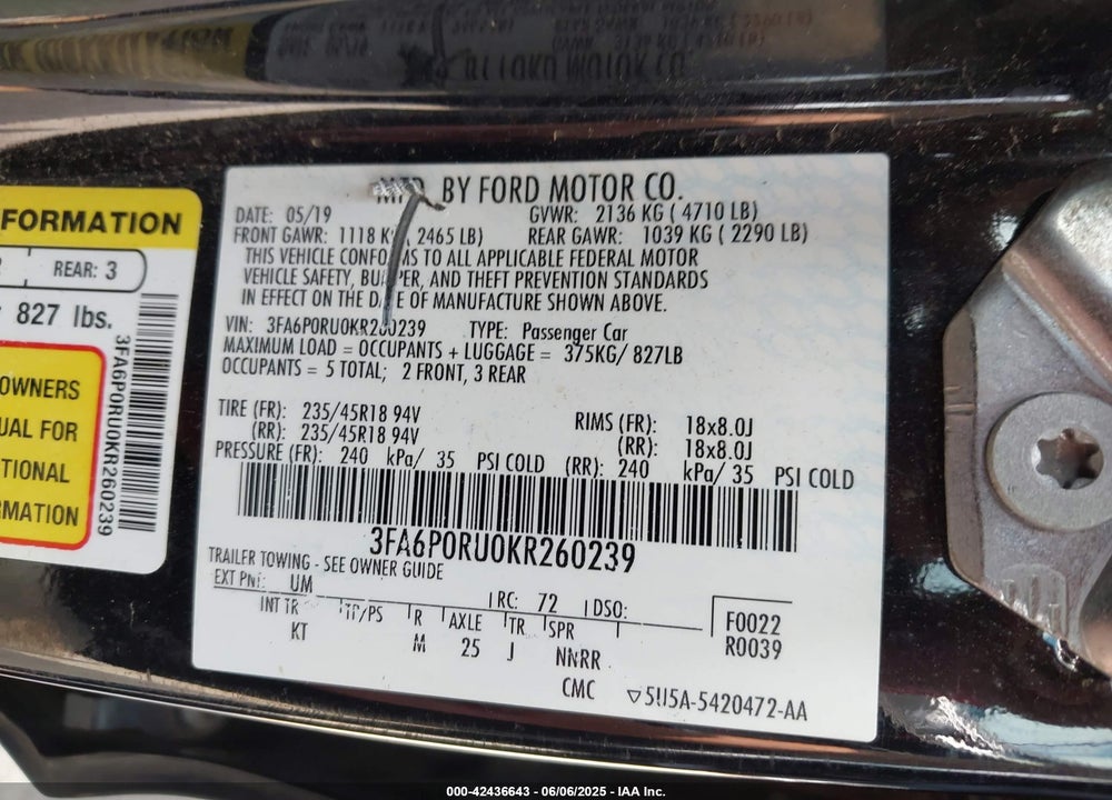2019 FORD FUSION HYBRID VIN: 3FA6P0RU0KR260239