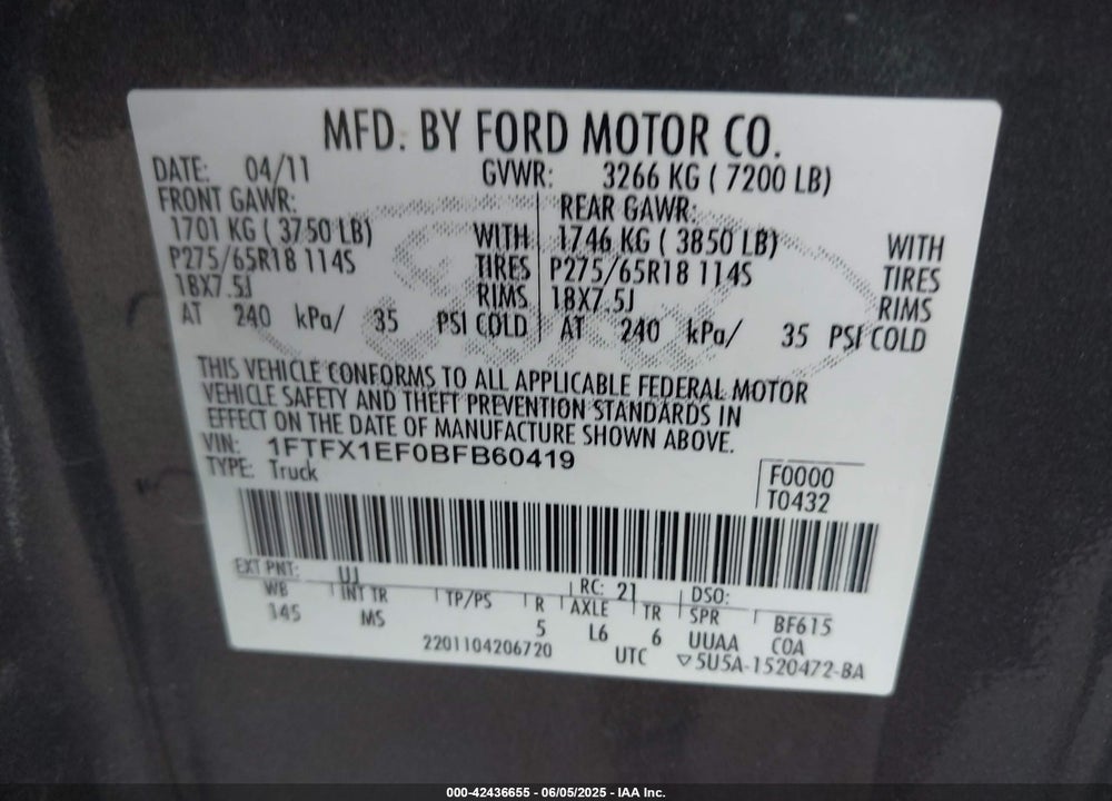 2011 FORD F-150 XLT VIN: 1FTFX1EF0BFB60419