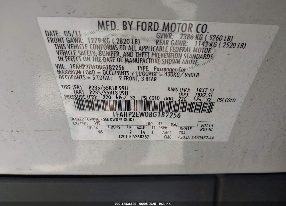 2011 FORD TAURUS VIN: 1FAHP2EW0BG182256