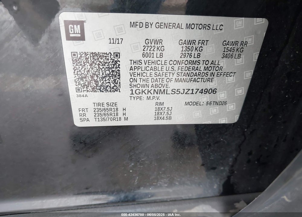 2018 GMC ACADIA VIN: 1GKKNMLS5JZ174906