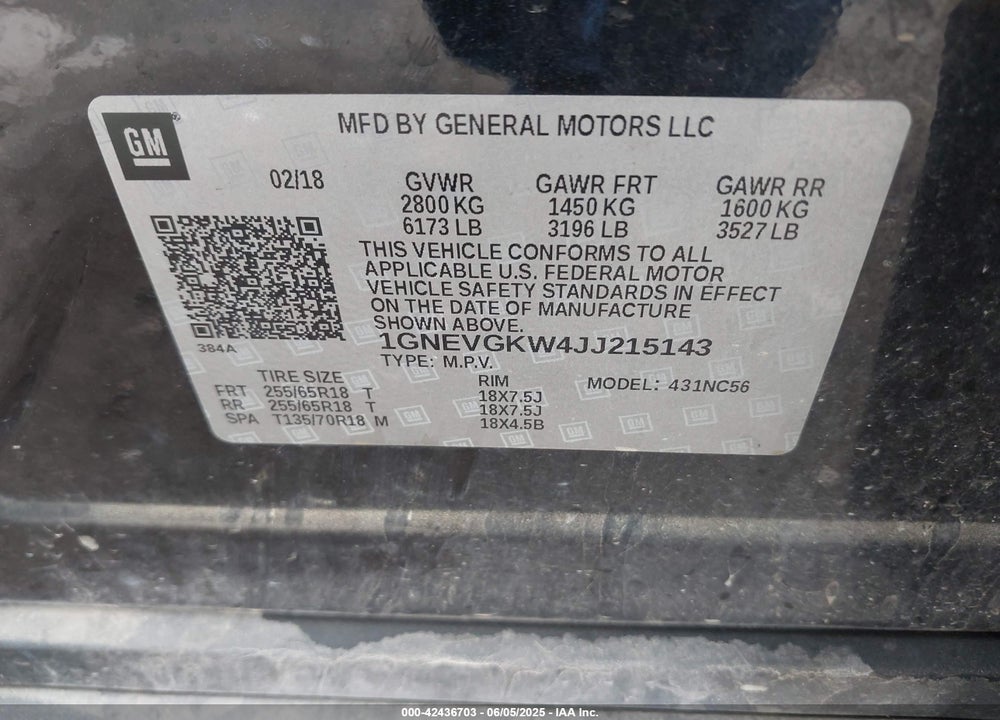 2018 CHEVROLET TRAVERSE VIN: 1GNEVGKW4JJ215143