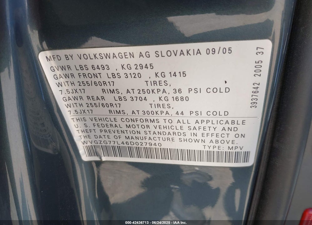 2006 VOLKSWAGEN TOUAREG VIN: WVGZG77L46D027940