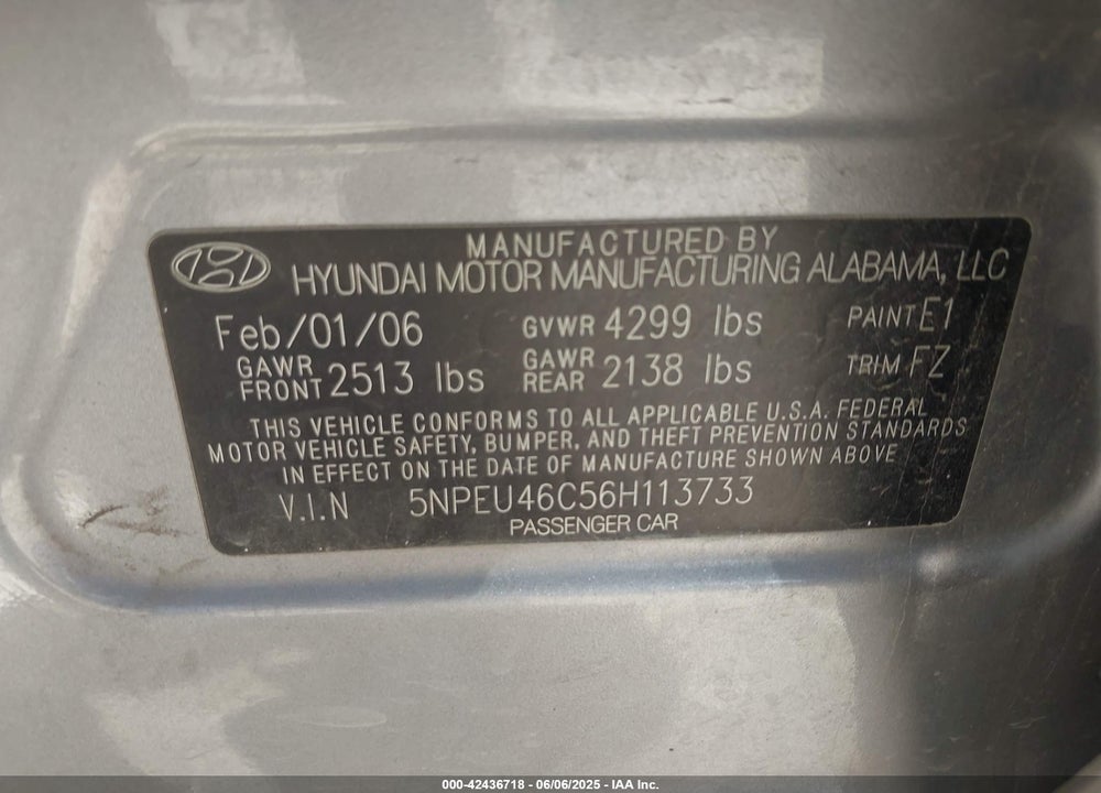 2006 HYUNDAI SONATA VIN: 5NPEU46C56H113733