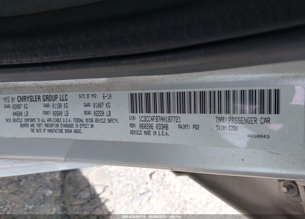2010 CHRYSLER SEBRING VIN: 1C3CC4FB7AN187721