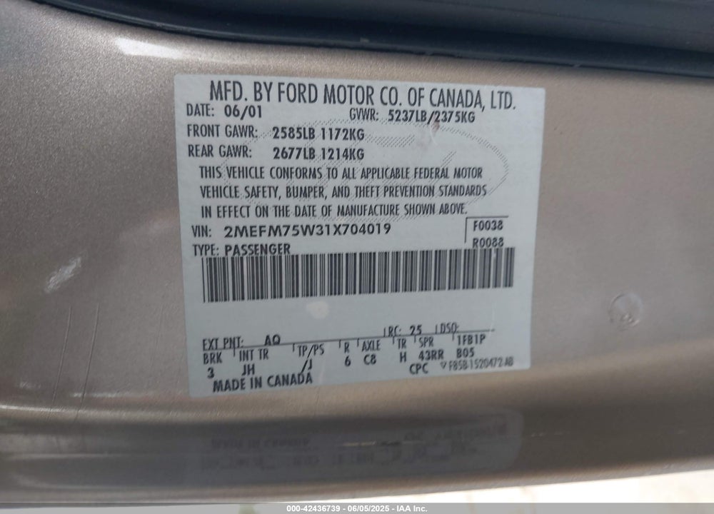2001 MERCURY GRAND MARQUIS LS VIN: 2MEFM75W31X704019