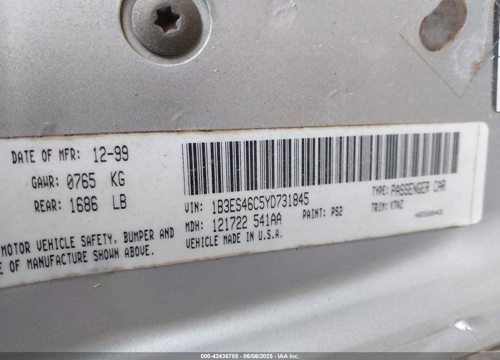 2000 DODGE NEON HIGHLINE VIN: 1B3ES46C5YD731845