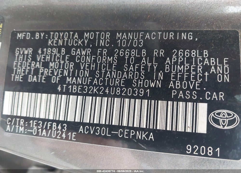 2004 TOYOTA CAMRY LE VIN: 4T1BE32K24U820391