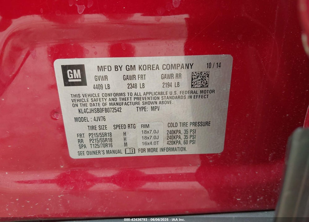2015 BUICK ENCORE PREMIUM VIN: KL4CJHSB0FB072542