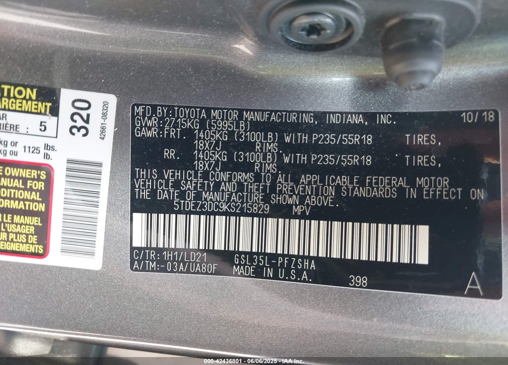 2019 TOYOTA SIENNA SE PREMIUM VIN: 5TDEZ3DC9KS215829