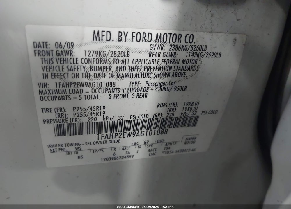 2010 FORD TAURUS SEL VIN: 1FAHP2EW9AG101088