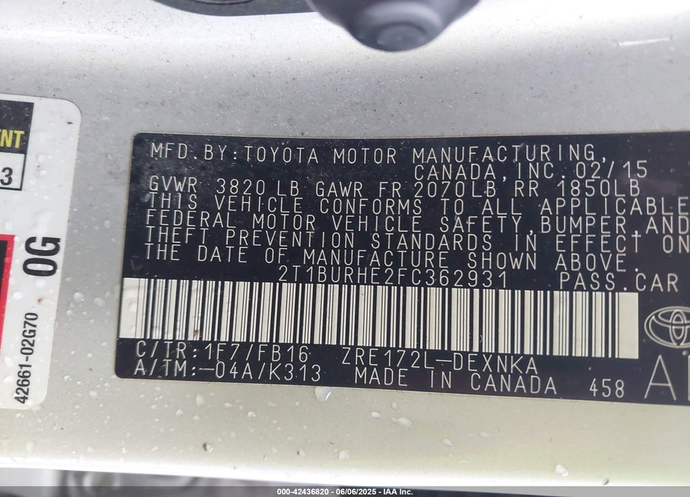 2015 TOYOTA COROLLA VIN: 2T1BURHE2FC362931