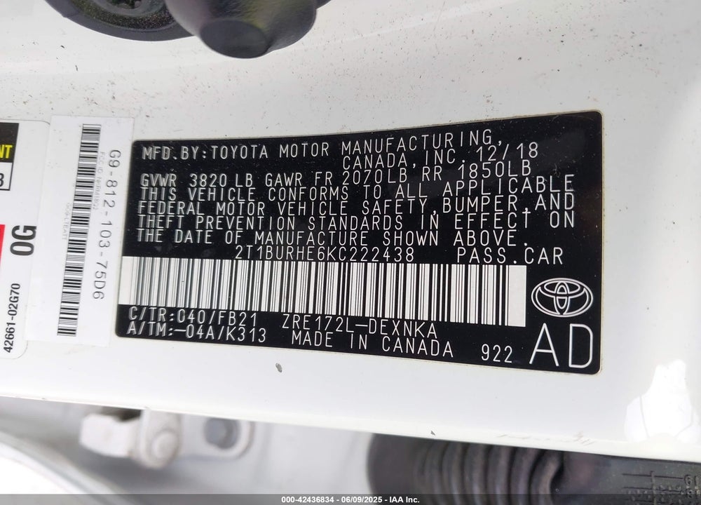 2019 TOYOTA COROLLA VIN: 2T1BURHE6KC222438
