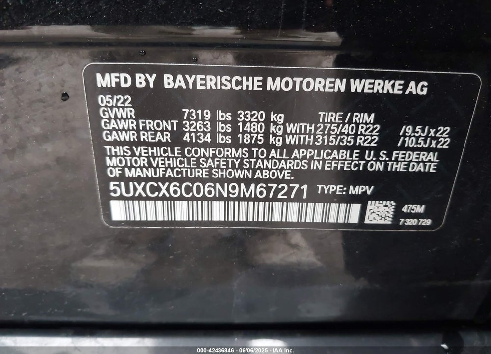 2022 BMW X7 VIN: 5UXCX6C06N9M67271