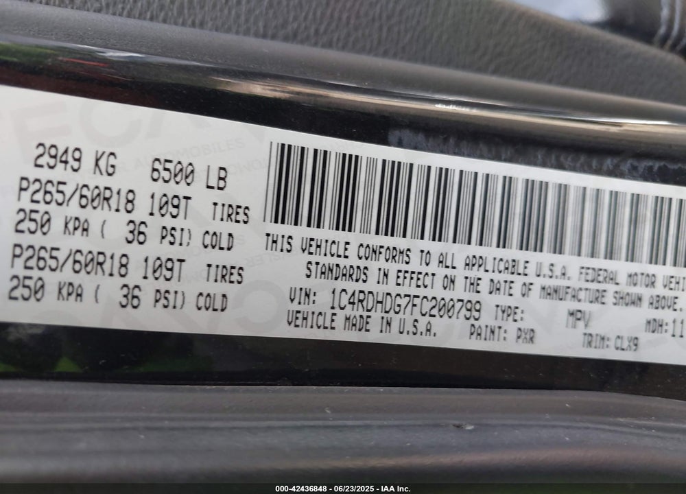 2015 DODGE DURANGO VIN: 1C4RDHDG7FC200799