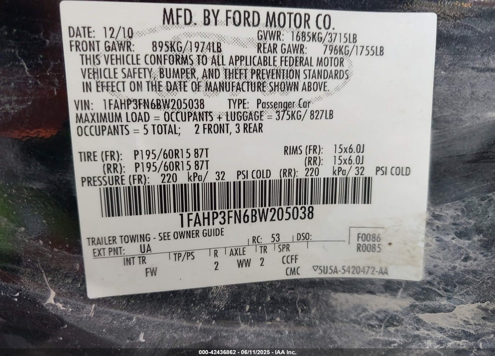 2011 FORD FOCUS SE VIN: 1FAHP3FN6BW205038