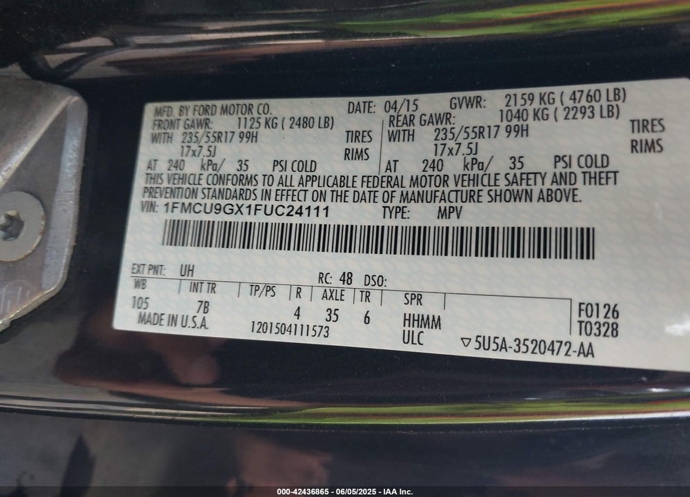 2015 FORD ESCAPE VIN: 1FMCU9GX1FUC24111